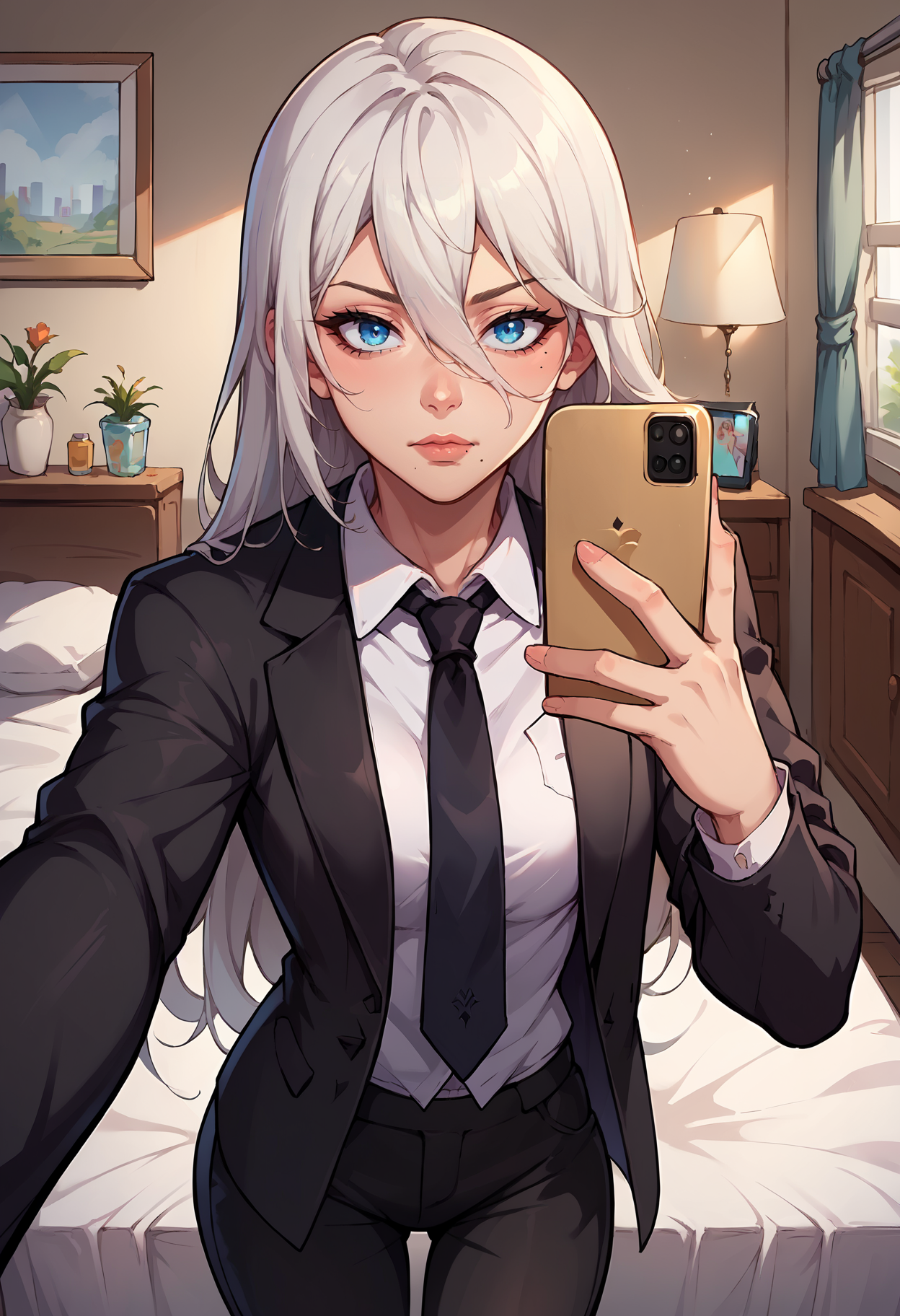 score_9, score_8_up,score_7_up, source_anime, <lora:EPnna2Pony:1>, EPnna2, 1girl, solo, white hair, long hair, blue eyes, hair between eyes, android, robot joints, mole under mouth, business suit, black pants, white collared shirt, black suit, black jacket, black necktie, selfie, taking picture, mirror selfie, bedroom, bed, mirror,