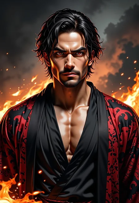 This is a highly detailed, digital illustration of a man with a rugged, intense expression. The artwork is rendered in a realistic, semi-realistic style with a focus on dramatic lighting and shadowing, giving it a cinematic quality. The subject is a man with a medium build and a strong, angular face. His skin is a warm, olive tone, and he has a neatly trimmed beard and mustache. His dark, wavy hair falls to his shoulders, with a few strands framing his face. His piercing, glowing red eyes are the focal point, adding a sense of intensity and determination.
He is dressed in a traditional, dark, patterned robe with intricate, swirling designs in red and black, suggesting a samurai or warrior attire. The robe is open, revealing a hint of a muscular chest. The background is a dark, smoky gradient with swirling, fiery elements, including flames and sparks, which add to the dramatic, action-packed atmosphere. The flames are depicted in warm, glowing hues of orange and yellow, casting dynamic shadows and highlights on the subject, enhancing the sense of movement and energy.
The overall mood of the image is intense and dynamic, with a strong emphasis on the character's fierce, battle-ready demeanor.