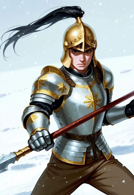 realistic shading, natural lighting, expressive serious face, machawdw-helmetted 1male focus, gold-white_machawdw_ponytail helmet, black eyes, eye_focus, holding spear, spear, fighting stance, cuirass, brown pants, armor, shiny skin, cowboy shot, snowing, snowflake, surreal, symbolic background, shadow, foreshortening, dutch angle, dynamic angle, dynamic action, intricately detailed illustration, cinematic, depth of field, atmospheric perspective, masterpiece, best quality, amazing quality, very aesthetic, absurdres, newest