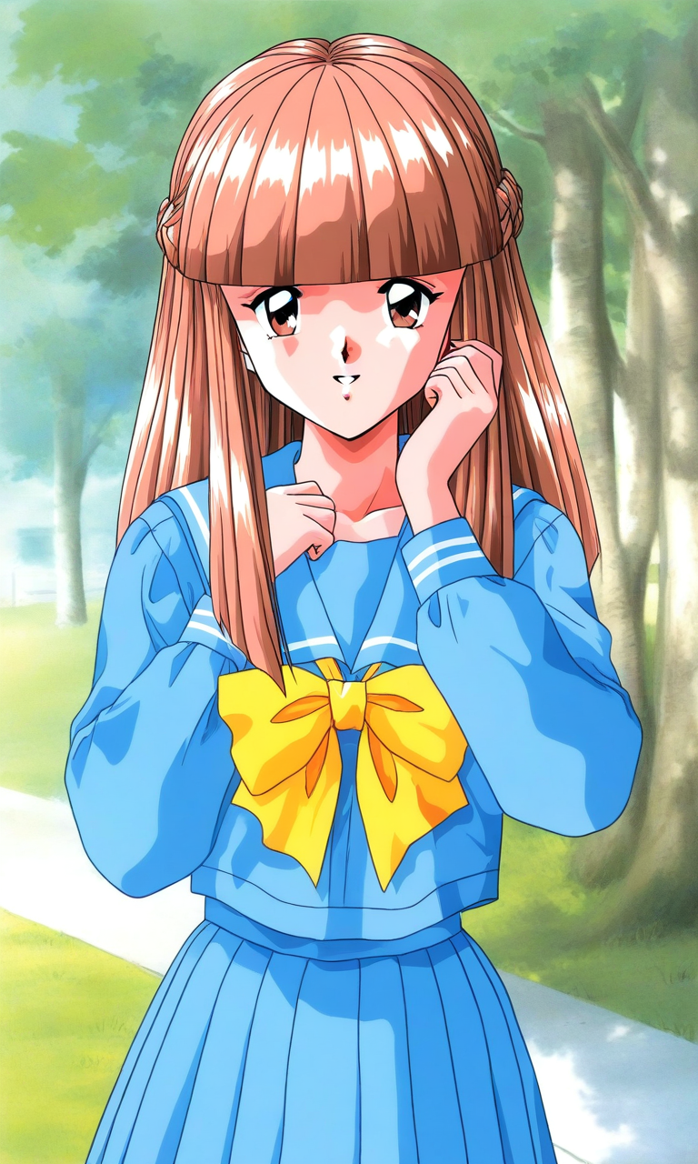 general,highres, ultra-detailed,very aesthetic,best quality ,best hands, BREAK <lora:Mikihara_Megumi_Tokimeki_Memorial_IS:1>
Mikihara_Megumi(Tokimeki_Memorial), 1girl, solo, light brown hair, long hair, brown eyes, blunt bangs, braid,
smile, blue serafuku, yellow bow, blue skirt, long sleeves, blue sleeve, pleated skirt, one hand up,
blue sailor collar, parted lips, tree, outdoors, shirt,
looking at viewer,