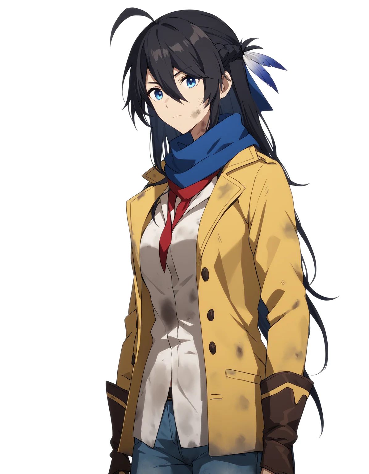 score_9,score_8_up,score_7_up,looking at viewer,western,simple background,white background,yellow jacket,cowboy boots,western,jeans,dirty,
<lora:gutu_pony:0.5>,gutu,1girl,solo,blue eyes,ahoge,long hair,braid,black hair,bangs,hair between eyes,medium breasts,<lora:Anime_Screencap:1>,anime screencap,feathers,<lora:magazine-cover-ponyxl-lora-nochekaiser:1>,magazine cover,cinematic angel,cinematic lighting,hat_tip,scarf,