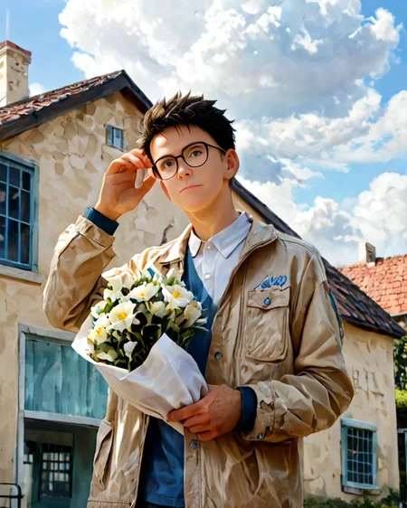((1boy)), masterpiece, score_9,score_8_up,score_7_up,The image features a young adult male standing in front of a bright blue sky, seemingly on a sunny day. The man is dressed in a casual yet stylish ensemble including a beige bomber jacket, a white shirt with a collar, and coordinating light-colored trousers. He is wearing dark, round-framed glasses and has short, styled black hair.
The man's pose suggests he is in a relaxed mood, with one hand casually placed on his forehead, while the other holds a small bouquet of white flowers. His expression is friendly and approachable.
The background is minimalistic and complements the subject well, with a simple, white-painted structure that seems to be part of a residential area, possibly a house or a small covered entrance. The skies are cleared of clouds, suggesting good weather, which adds a pleasant and airy feel to the image.
<lora:Cute_Cartoon_ArtStyle:1> <lora:betm_ft:1> <lora:add_detail:1>