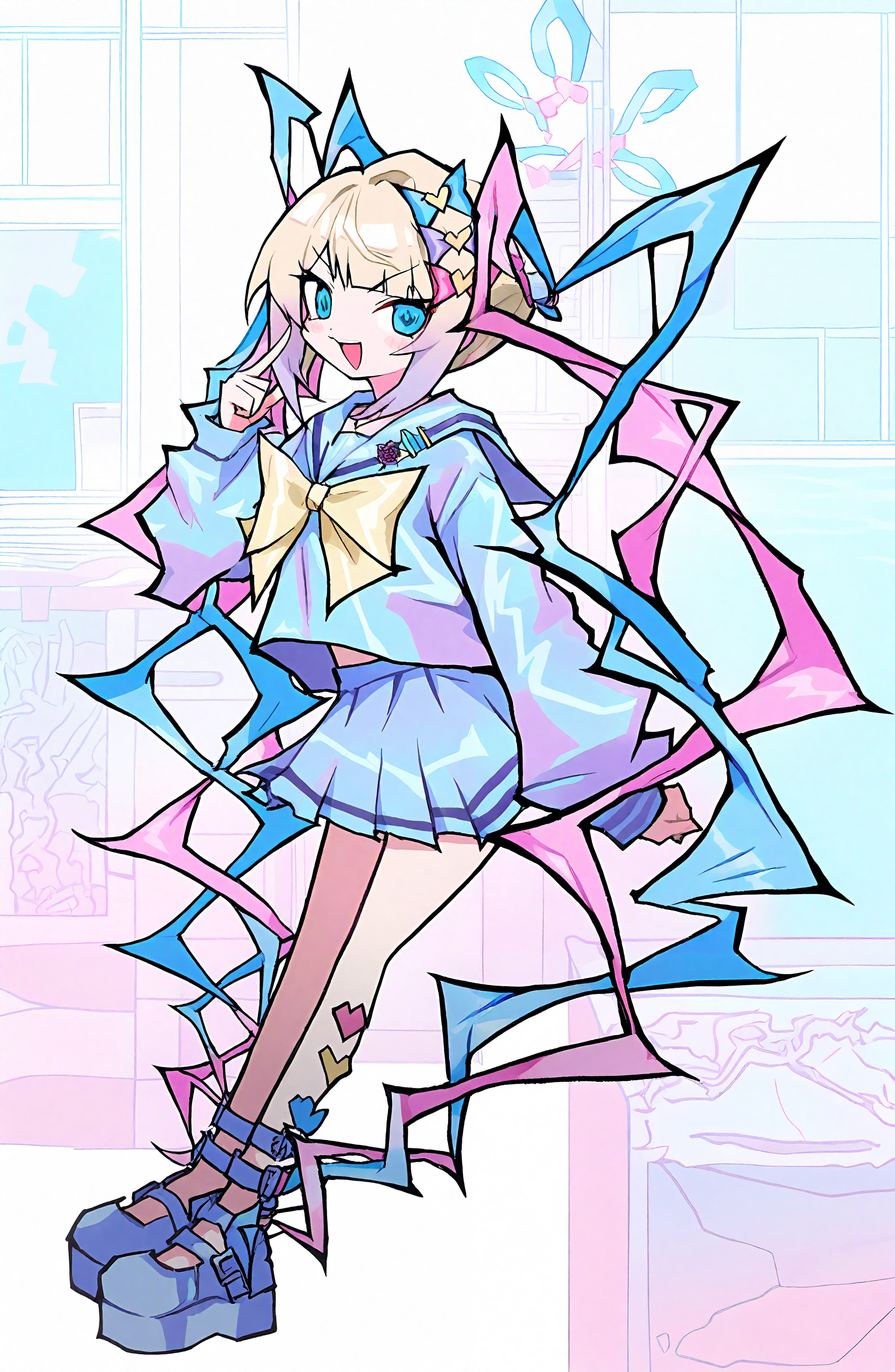 chouzetsusaikawa_tenshi-chan, 1girl, solo, long_hair, looking_at_viewer, smile, open_mouth, blue_eyes, shirt, skirt, blonde_hair, long_sleeves, hair_ornament, bow, very_long_hair, blue_hair, school_uniform, full_body, pink_hair, multicolored_hair, hair_bow, pleated_skirt, serafuku, sailor_collar, blue_skirt, blue_bow, blue_shirt, pink_bow, yellow_bow, purple_bow, blue_footwear, platform_footwear, multiple_hair_bows, quad_tails