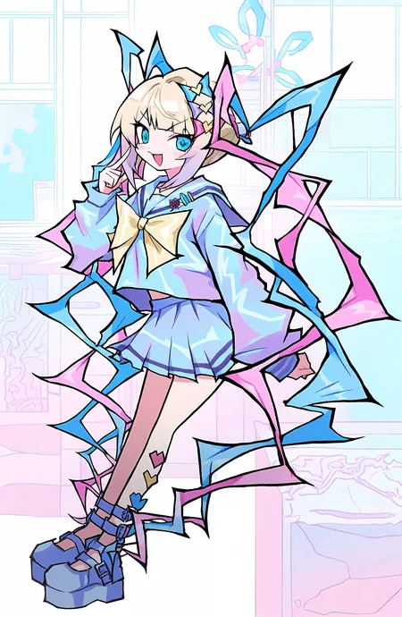 chouzetsusaikawa_tenshi-chan, 1girl, solo, long_hair, looking_at_viewer, smile, open_mouth, blue_eyes, shirt, skirt, blonde_hair, long_sleeves, hair_ornament, bow, very_long_hair, blue_hair, school_uniform, full_body, pink_hair, multicolored_hair, hair_bow, pleated_skirt, serafuku, sailor_collar, blue_skirt, blue_bow, blue_shirt, pink_bow, yellow_bow, purple_bow, blue_footwear, platform_footwear, multiple_hair_bows, quad_tails