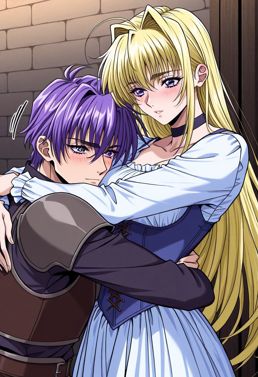masterpiece, best quality, newest, highres, uncensored, 1girl, yokota mamoru style,1girl, slender face，motion lines,blush
Cecilia Game,Ahoge Hair, Blonde Hair, Waist Length Hair,Long Hair,Violet Eyes,Large Eyes,Choker,Slim
A man and a woman, hugging, long-lost lover, man in armor, man with purple hair, blonde woman, two people wearing medieval aristoical costumes
