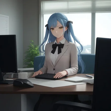 score_9, score_8, score_7, anime style, anime, (masterpiece:1.2, best quality:1.2), ((ultra-detailed)), best anatomy, togawa sakiko, long hair, blue hair, yellow eyes, black ribbon, hair ribbon, two side up, bangs, messyjapaneseoff1ce, office interior, indoors, office, doing_customer_assistant_work, in front of computer,