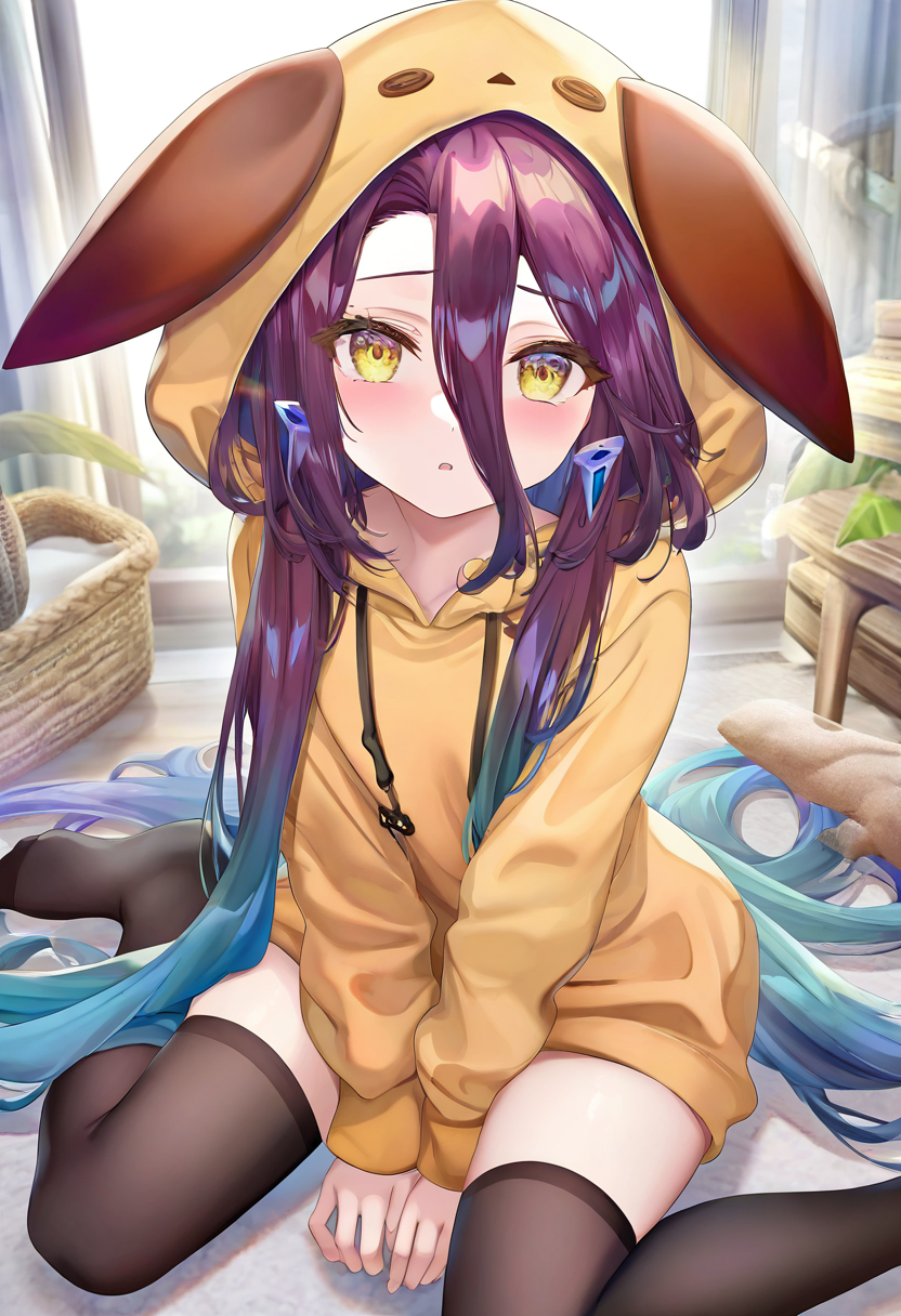 torino aqua,
1girl,shuvi_\(no_game_no_life\),thighhighs,solo,hood,sitting,black thighhighs,wariza,animal hood,looking at viewer,hoodie,hand between legs,blush,
highres,best quality,amazing quality,very aesthetic,absurdres,year 2023,
<lora:shuvi_NoobVpred05:1>,