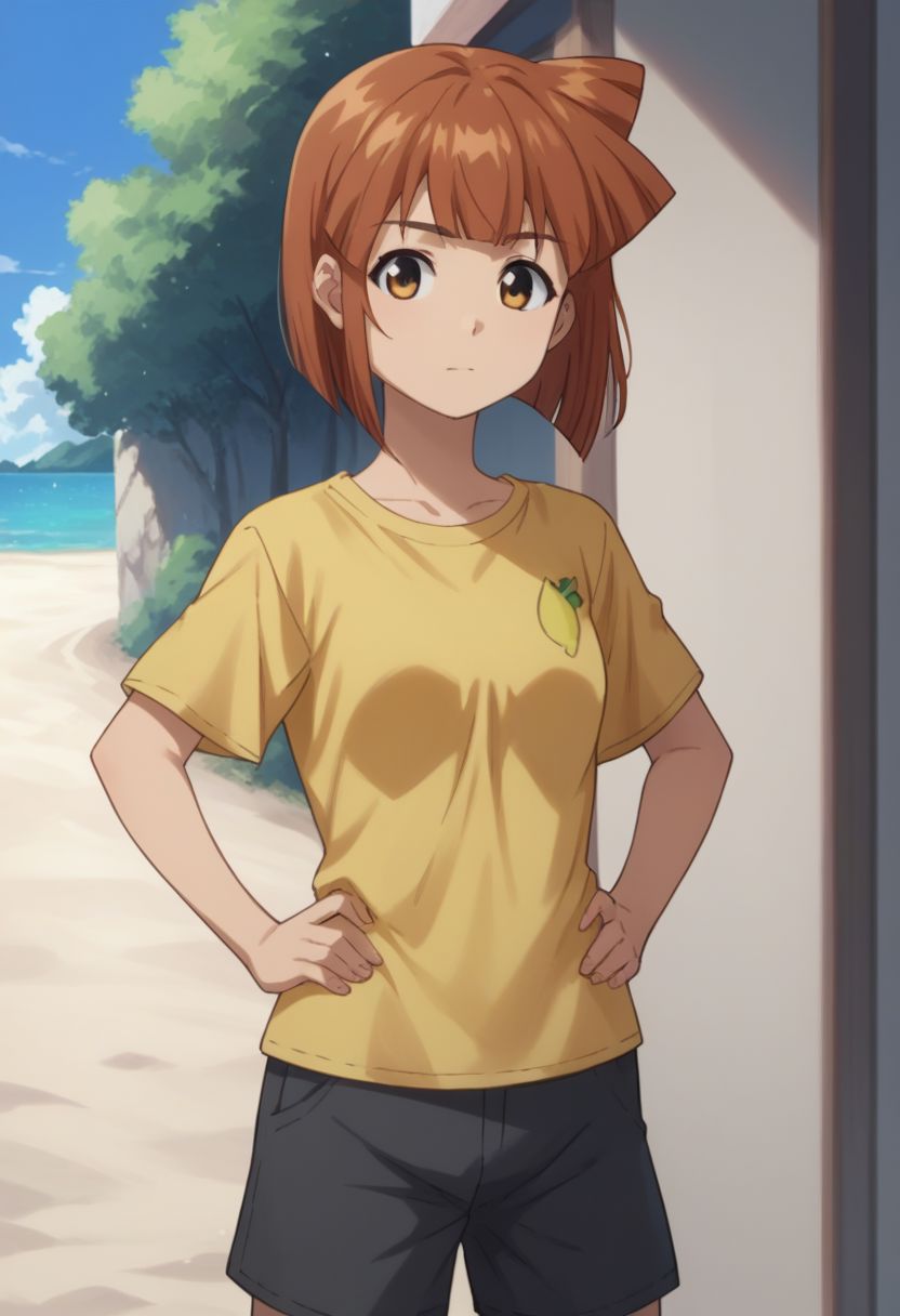 score_9, score_8_up, score_7_up, source_anime, 
eiko, 1girl, solo, shorts, short, hair, shirt, day side ponytail, yellow shirt, brown hair, bob cut, bangs, upper body, hands on hips,
outdoor,