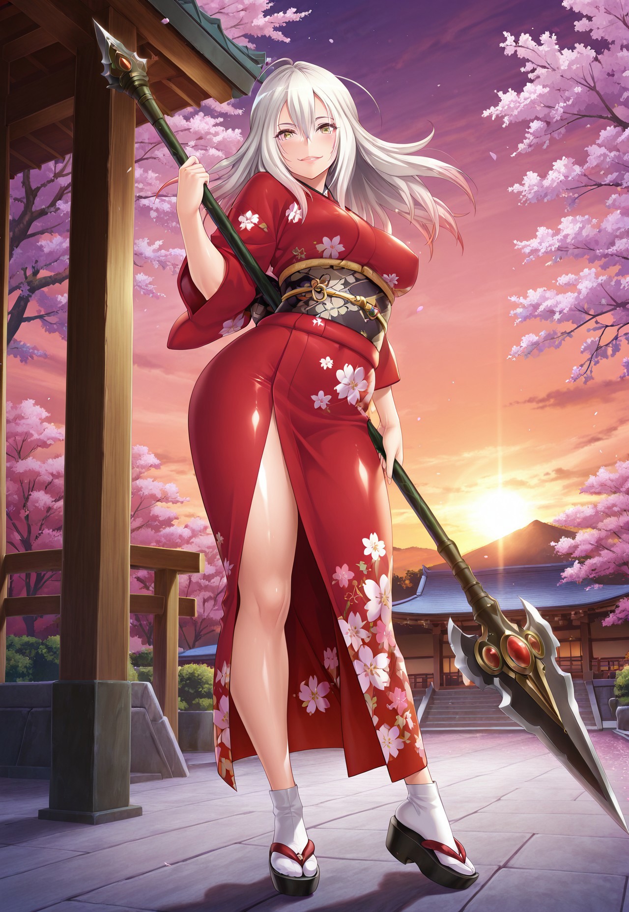 safe_pos, Official art, source_anime, masterpiece, good quality, shadow, backlighting, best quality, ultra-detailed, best quality face, ultra-detailed face, face focus, best face, best illustration, high quality, absurdres, detailed background, very aesthetic, highly detailed, highres, high quality, best quality, full body, cinematic, epic, below view 
Break,
looking at viewer, from side, smile, holding weapon, polearm, spear, double-handed, standing, sexy pose, outdoor, dusk, dawn, japanese garden, cherry blossoms, 
Break,
1girl, solo, alone, female focus, Sanada Homura, long hair, white hair, gradient hair, v bangs, hair between eyes, gold eyes, lips, large breasts, curvy, wide hips, shiny skin, japanese clothes, floral kimono, skintight,