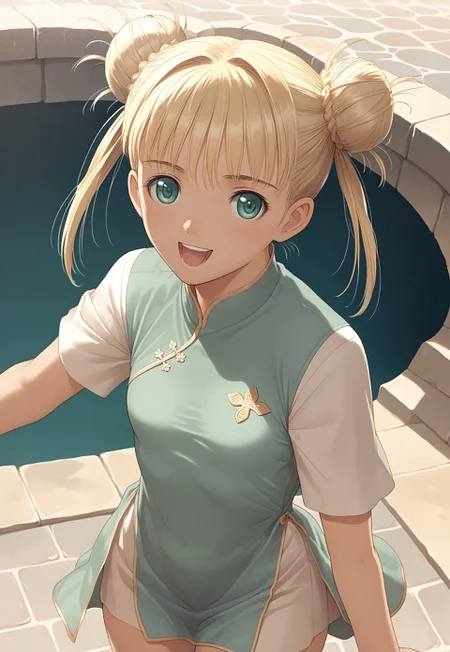 safe_pos, hortensia,score_9,score_8_up,score_7_up,source_anime,best_quality,masterpiece,super_fine_illustration,8k, detailed, 1girl, adorable face, blonde hair, white chinese dress, stone bridge, very short hair, hair up, (very big buns hair:1.0), small breasts, happy
