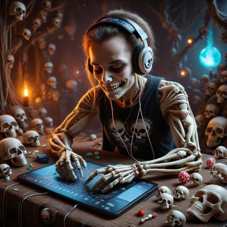 skull candy earbuds, colorful, electronics, slimes_skullwm, made of skulls, product image, marketing image, skeleton, listening to music, headphones