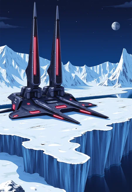 yfg-srs Inkpunk Anime, the image is featuring a blue and white theme, icy snow-covered landscape, Artemis Station, with red lights, smoked glass and diodes, at the edge of an icy ocean with icebergs, its sleek towers a stark contrast to the snow surrounding it, with a harbor featuring military warships of gunmetal alloy, red lights and diodes, moored. The planetâs sun casts a vivid, surreal light across the station, while deep fissures filled with glaciers mark a stark background. The sky is a dark blue, with a moon hanging low in the horizon