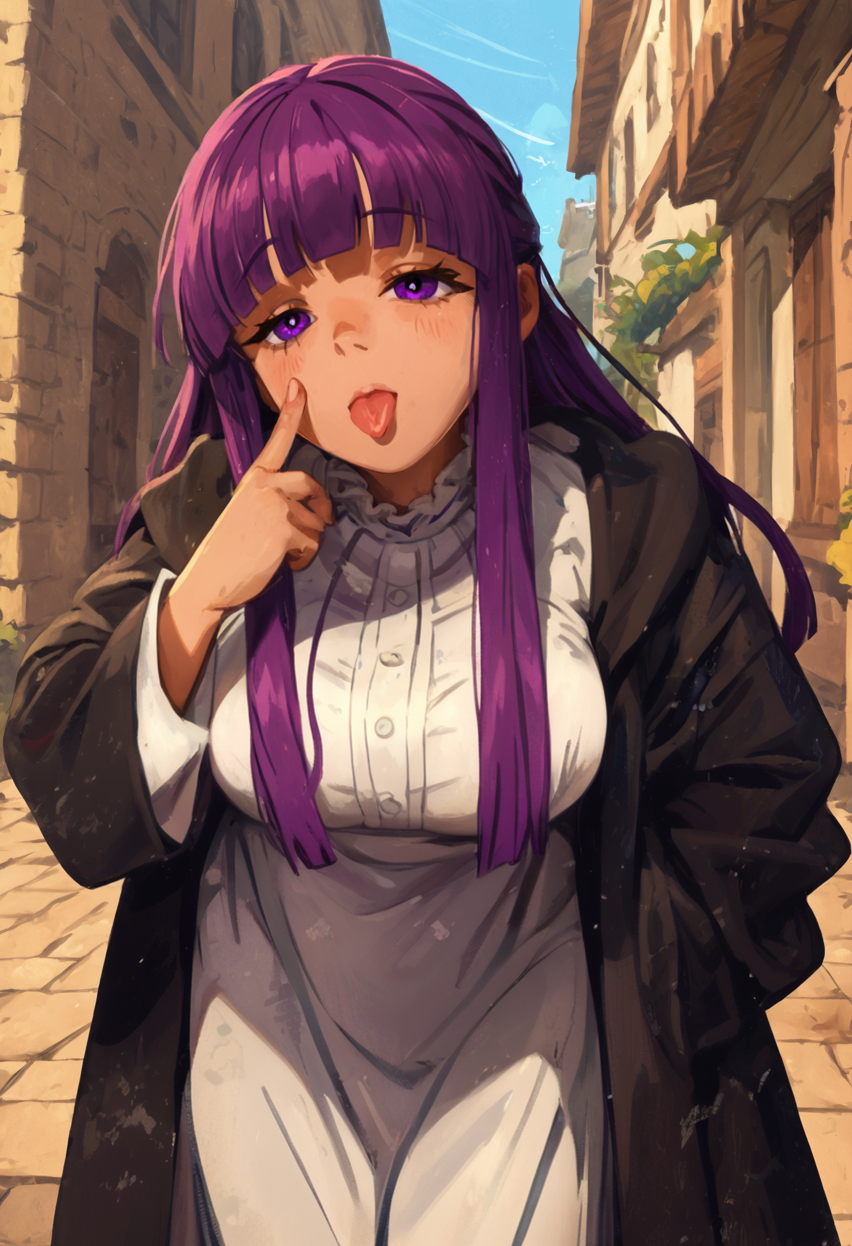 score_9, score_8_up,score_7_up,score_6_up, 1girl, teasing, leaning forward, street, <lora:pony_outline_lbw_5x:.1>, <lora:eyesize:.5>  ,     <lora:khyle. style:.7> khyle.,  <lora:akanbe-XL-V1:.6> akanbe, tongue out, eyelid pull, finger to eyelid, half-closed eyes, <lora:brj-fern-pony-v0.5:1> fern \(sousou no frieren\), large breasts, long hair, purple hair, half updo, blunt bangs, purple eyes,  || open robe, long dress,