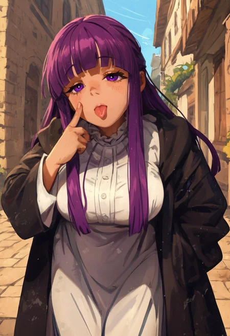 score_9, score_8_up,score_7_up,score_6_up, 1girl, teasing, leaning forward, street, <lora:pony_outline_lbw_5x:.1>, <lora:eyesize:.5> , <lora:khyle. style:.7> khyle., <lora:akanbe-XL-V1:.6> akanbe, tongue out, eyelid pull, finger to eyelid, half-closed eyes, <lora:brj-fern-pony-v0.5:1> fern \(sousou no frieren\), large breasts, long hair, purple hair, half updo, blunt bangs, purple eyes, || open robe, long dress,
