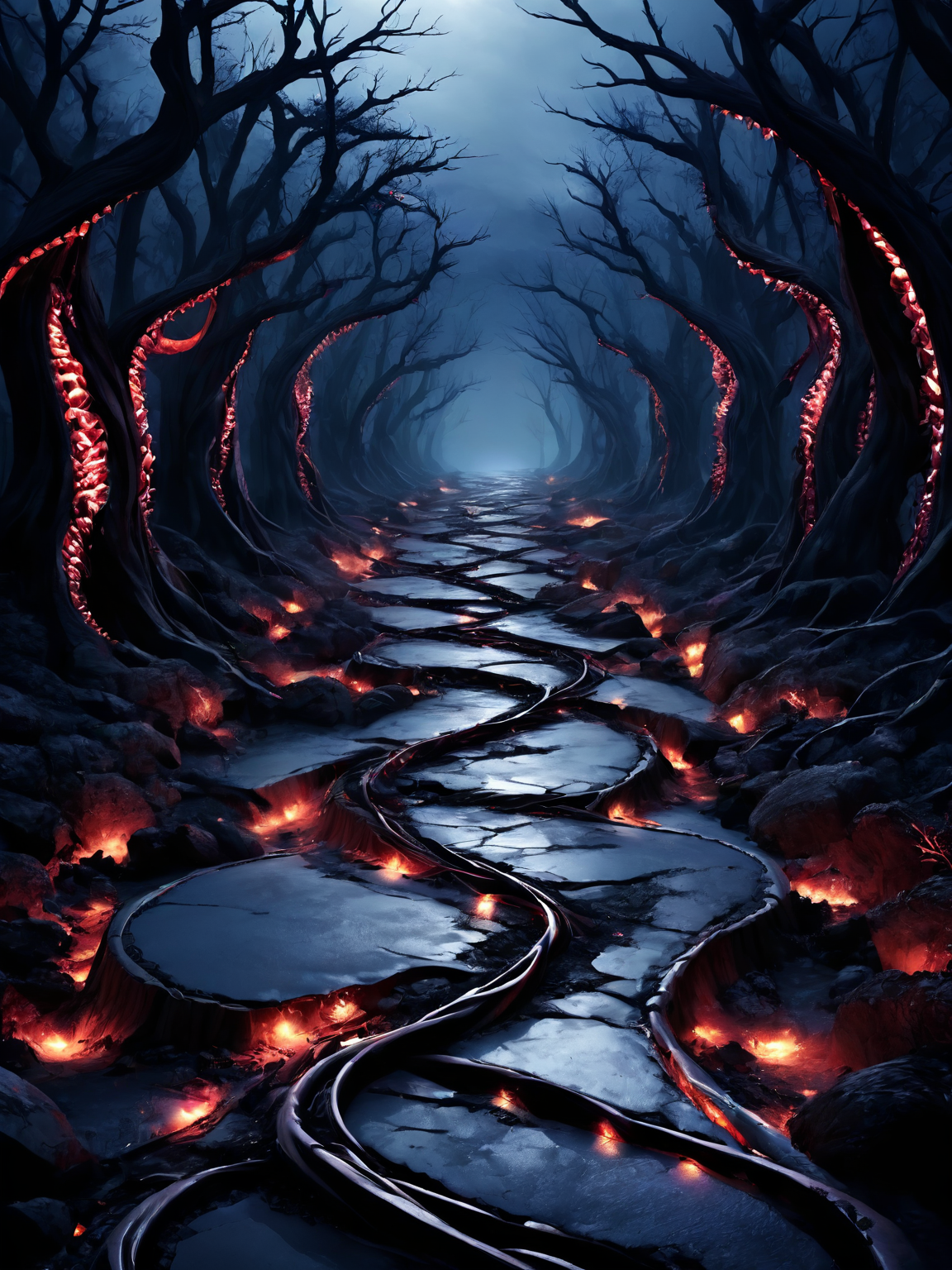 breathtaking an abandoned road cuts through a twisted landscape made of mutated living flesh and teeth, <lora:Cyberfleshmutant:0.6> rotten fleshmutant plants, <lora:DonMD3m0nV31nsXL_v1.1:1> DonMD3m0nV31nsXL, demonic, pulsating veins, bio, organic terrain and ground, <lora:EnvyDreamlandsXL01-adamw:0.5>, dark and mysterious atmosphere,, masterpiece, award-winning, professional, highly detailed, rim lighting