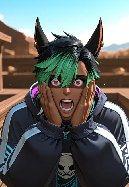 masterpiece, very aesthetic,KrhisT1A, 1boy, animal ears, green hair, open mouth, multicolored hair, blurry background, male focus, depth of field, dark skin, black hair, solo, looking at viewer, dark-skinned male, hands on own face, outdoors, short hair, long sleeves, teeth, jacket, red eyes, piercing, red eyes, facepaint, perked ears, overreacting, surprised, wide eyes, meme