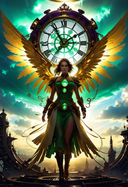 masterpiece, newest, absorbed, incredibly absurdist, best quality, amazing quality, very aesthetic,
1girl, golden silhouette, giant clock face, oversized angel, standing on gears, golden light, mechanical wings, time distortion, steampunk,
Purble surround, green clouds