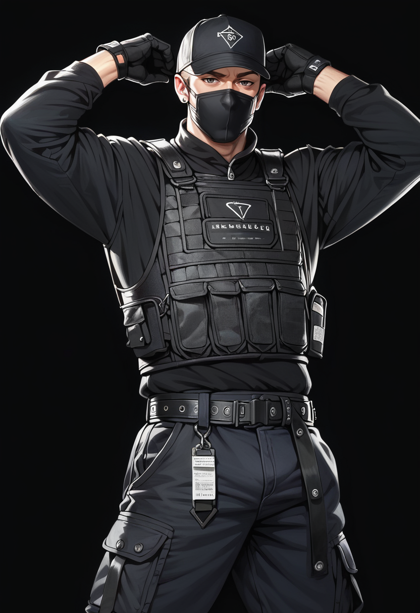 (score_9, score_8_up), score_7_up, zPDXL, dark_techwear, solo, shirt, gloves, long sleeves, 1boy, baseball cap, black mask,  male focus, black gloves, belt, pants, coat, bulletproof vest, arm up, black shirt, muscular, black pants, black background, simple background, <lora:dark_techwear-000016:0.9>