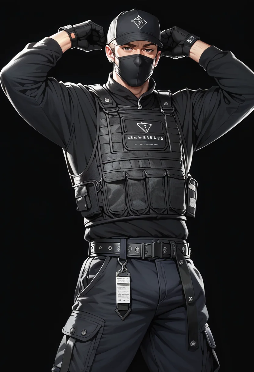 (score_9, score_8_up), score_7_up, zPDXL, dark_techwear, solo, shirt, gloves, long sleeves, 1boy, baseball cap, black mask, male focus, black gloves, belt, pants, coat, bulletproof vest, arm up, black shirt, muscular, black pants, black background, simple background, <lora:dark_techwear-000016:0.9>