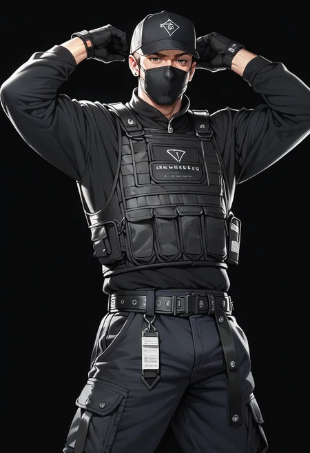 (score_9, score_8_up), score_7_up, zPDXL, dark_techwear, solo, shirt, gloves, long sleeves, 1boy, baseball cap, black mask, male focus, black gloves, belt, pants, coat, bulletproof vest, arm up, black shirt, muscular, black pants, black background, simple background, <lora:dark_techwear-000016:0.9>