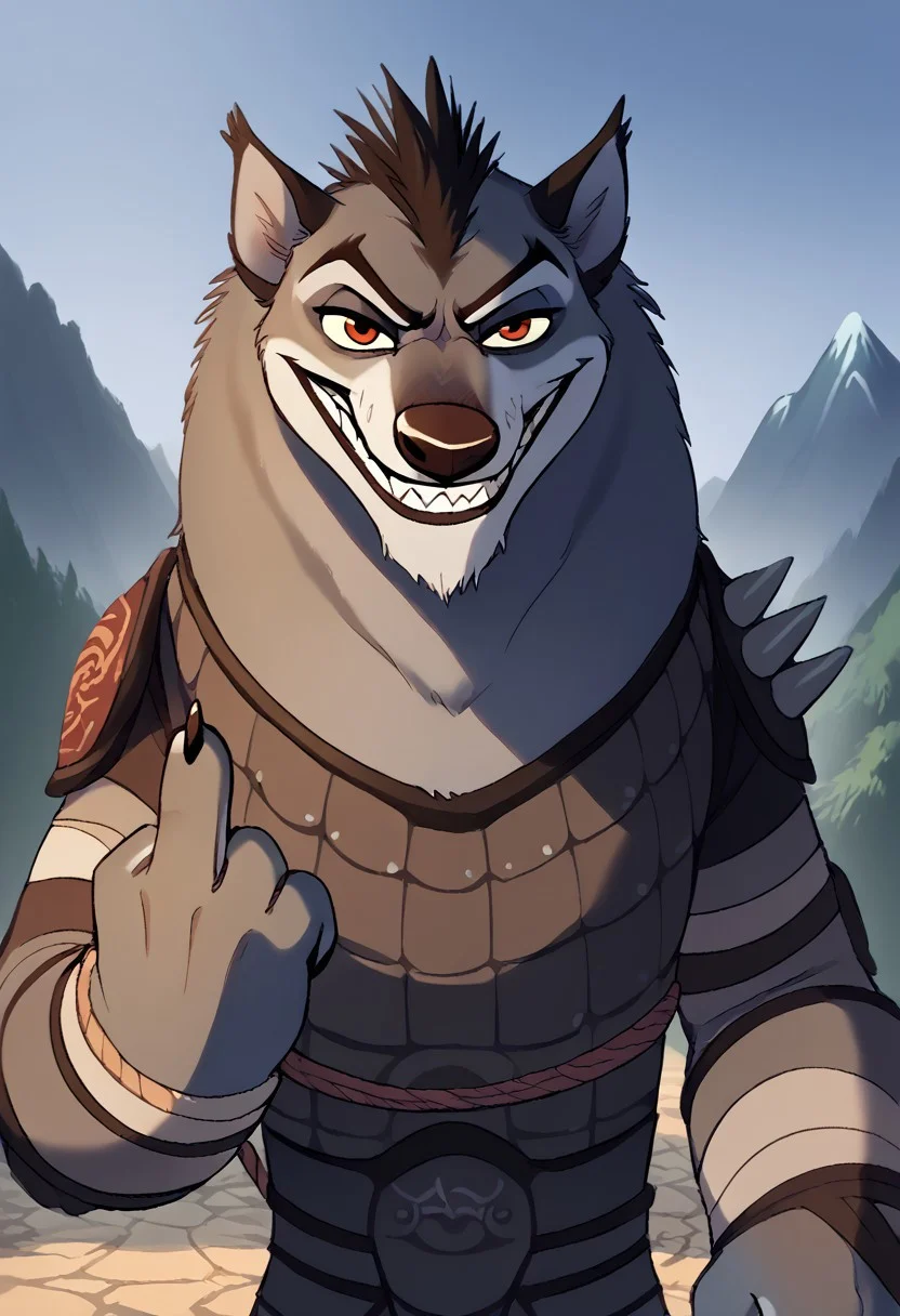kfp2d, Expressiveh, solo, 1boy, w0lfb0ss, score_9, score_8_up, score_7_up, score_6_up, score_5_up, score_4_up, source_furry, hi res, sfw. 2D artwork.

1boy, furry male, wolf boy, w0lfb0ss, solo, male focus, teeth, armor.

((portrait)), face focus, looking at viewer, smile, grin, from front, front view, standing, perfect eyes, grasping his muzzle, hand on muzzle, middle finger.

<lora:middle-finger-ponyxl-lora-nochekaiser:1>, middle finger,

outdoors, at day, forest, mountains, blue sky.
