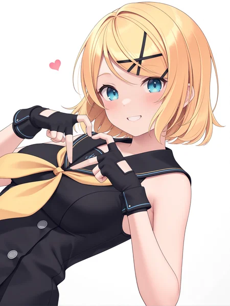 masterpiece,best quality,newest,
1girl,solo,
medium breasts,<lora:s_k_rim_ilxl_v1.0:1>,no headwear,rin,x hair ornament,swept bangs,blonde hair,blue eyes,short hair,r_clothes,sblack sailor collar,yellow neckerchief,sleeveless dress,black short dress,fingerless gloves,
<lora:Fixhands_anime_bdsqlsz_V1:1>,dynamic_angle,cinematic_angle,simple_background,white_background,face_focus,grin,light_blush,looking_at_viewer,smile,heart hands,upper_body,