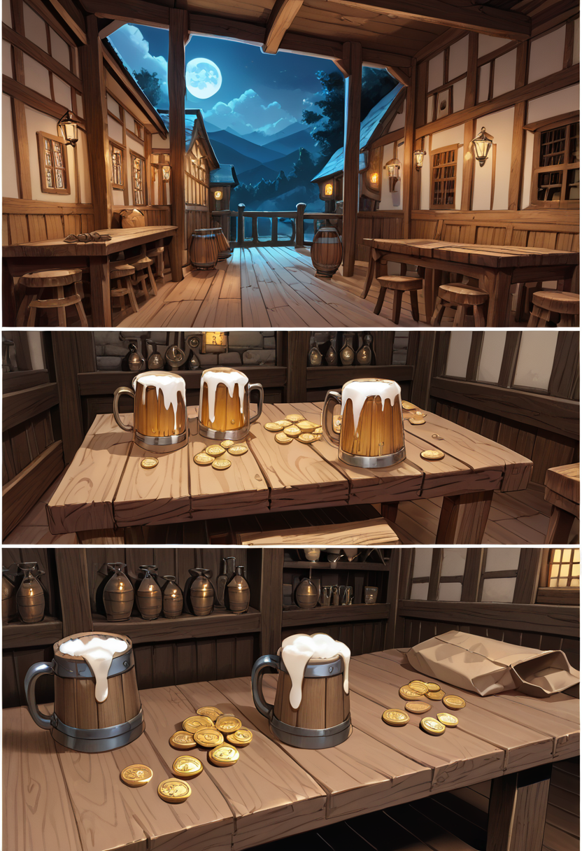 (silent_manga:1), score_9, score_8, score_7,
(Multi view, Frame, frame, sequencing, sequence images), 
closed tavern, indoor, night, (scenery), wooden table, (two empty beer mugs, coin bag, coin bag zoom in),