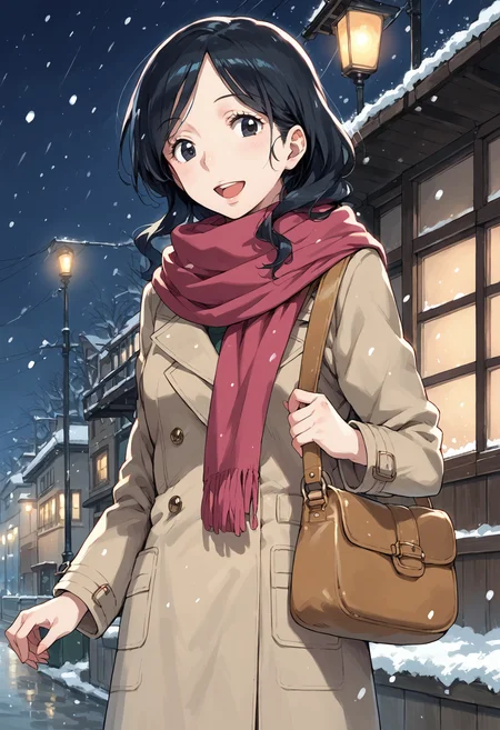 score_9, score_8_up, score_7_up, , source_anime, 1girl, solo,, koukimama, 1girl, solo, scarf, skirt, black hair, , trench coat, black eyes, looking at viewer, cowboy shot, <lora:koukimama_pony4:0.8> smile, open mouth, snowing, shoulder bag, night sky,