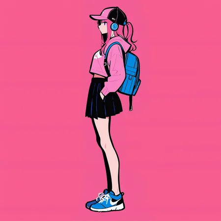 Masterpiece, best quality, simple background,red background,flat color,1girl, solo, backpack, long hair,blue footwear, shoes,full body, skirt, pink headwear, from side, hood, black skirt,baseball cap,headphones,<lora:Autodl1956-000018:0.8>