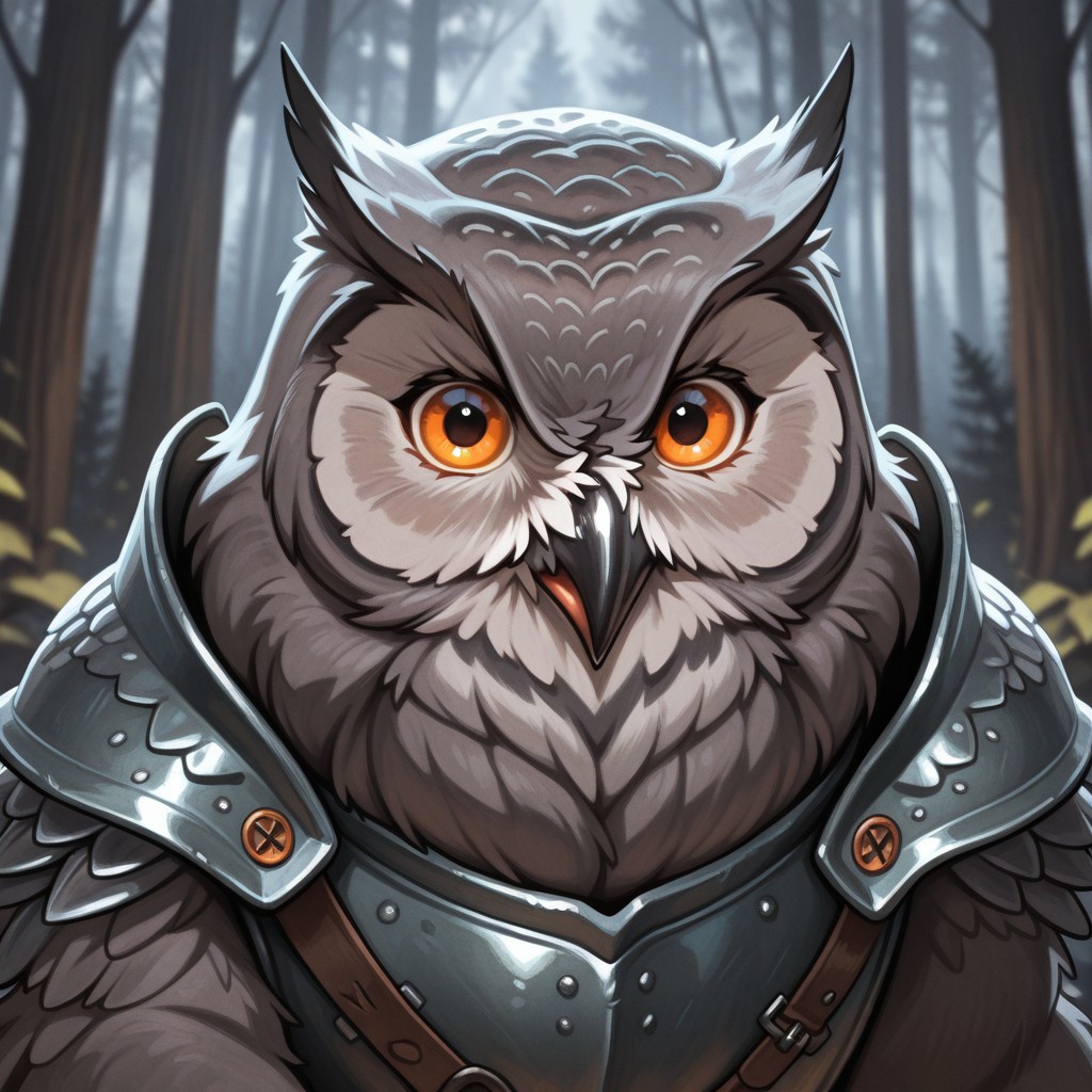 masterpiece, best quality, amazing quality, very aesthetic, solo, upper body,
owlbear, feral, owl's head, bear's body,
1 male, grey fur, orange eyes, feral armor,
looking at the viewer, posing,
fantasy background, blurred background, forest,