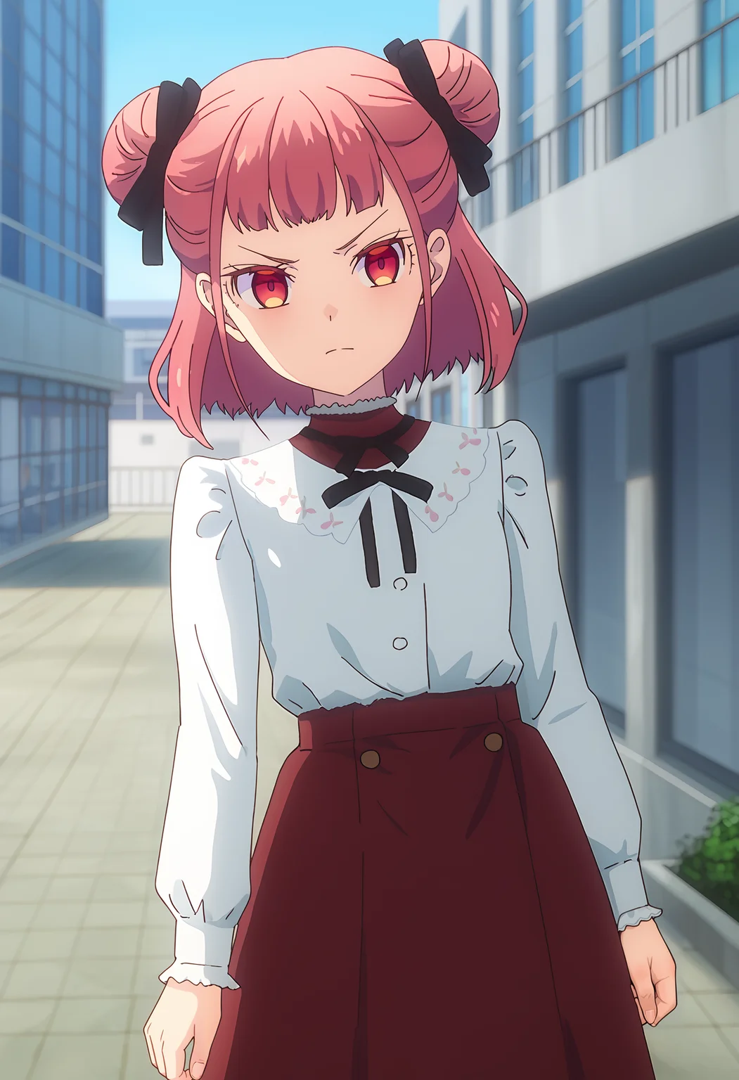 <lora:Suzunomiya_Arisu-pony:1>,
Suzunomiya Arisu,hair bun,solo,looking at viewer,skirt,outdoors,shirt,red skirt,white shirt,long sleeves,ribbon,closed mouth,bow,standing,black ribbon,v-shaped eyebrows,day,hair ribbon,cowboy shot,building,