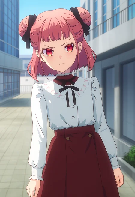 <lora:Suzunomiya_Arisu-pony:1>,
Suzunomiya Arisu,hair bun,solo,looking at viewer,skirt,outdoors,shirt,red skirt,white shirt,long sleeves,ribbon,closed mouth,bow,standing,black ribbon,v-shaped eyebrows,day,hair ribbon,cowboy shot,building,
