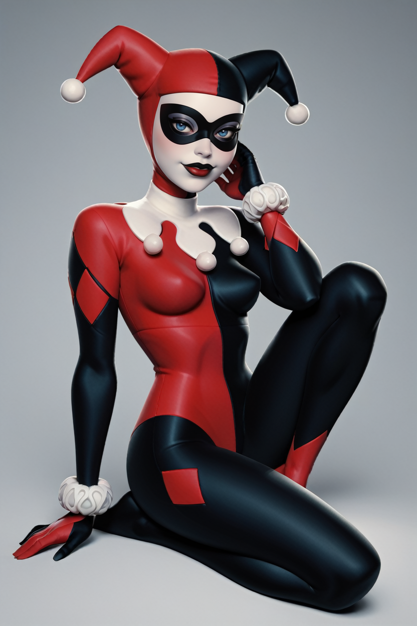 score_9, score_8_up, score_7_up,
<lora:CHQuinn:0.8>
CHQuinn, 1girl, jester cap, domino mask, blue eyes, black lipstick, bodysuit, looking at viewer, sitting, full body