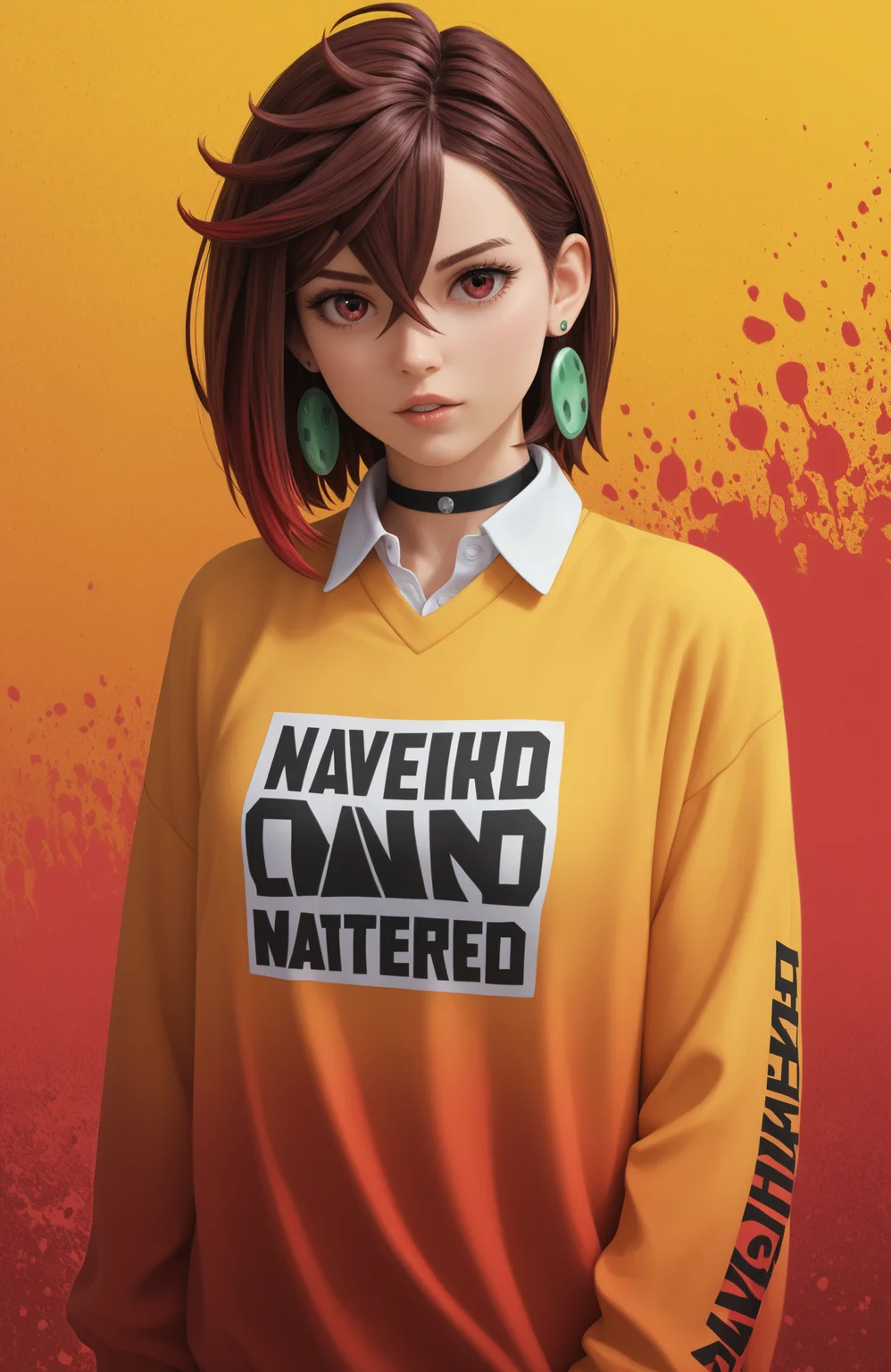 (Score_9, score_8, score_6, score_7:0.6), 3d, photorealistic, render, 8k background, masterpiece, best quality, good quality, newest, AyaseM, 1girl, looking at viewer, short hair, collared shirt, long sleeves, red eyes, hair between eyes, jewelry, multicolored hair, cowboy shot, dangle earrings, red hair, brown hair, red streaks, swirls in background, colorful shirt, color pop, color bubbles, glowing, gradient hair, spot color, color splash, abstract background, abstract, parted lips, black choker, artist name, colorful abstract sweater, sleeves past wrists, v, crossed bangs, single earring, long bangs, hair behind ear, print shirt, multicolored background, oversized clothes, leaning to the side, circle earring, streetwear, <lora:Momo_Ayase_-_PDXL:1>