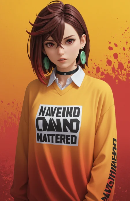 (Score_9,  score_8, score_6, score_7:0.6), 3d, photorealistic, render, 8k background, masterpiece, best quality, good quality, newest, AyaseM, 1girl, looking at viewer, short hair, collared shirt, long sleeves, red eyes, hair between eyes, jewelry, multicolored hair, cowboy shot, dangle earrings, red hair, brown hair, red streaks, swirls in background, colorful shirt, color pop, color bubbles, glowing, gradient hair, spot color, color splash, abstract background, abstract, parted lips, black choker, artist name, colorful abstract sweater, sleeves past wrists, v,  crossed bangs, single earring, long bangs, hair behind ear, print shirt, multicolored background, oversized clothes, leaning to the side, circle earring, streetwear,  <lora:Momo_Ayase_-_PDXL:1>