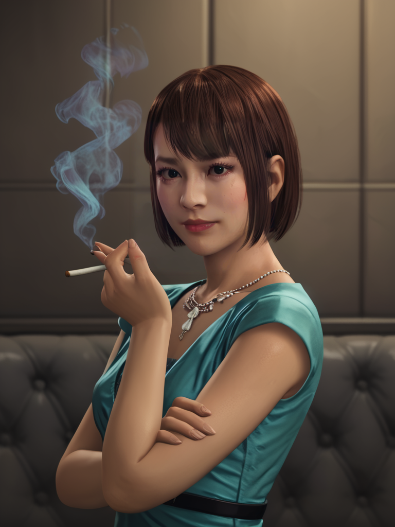 score_9, score_8_up,score_7_up,1girl,  <lora:Saeko_Mukoda:0.8>saeko, aqua dress, holding cigarette,