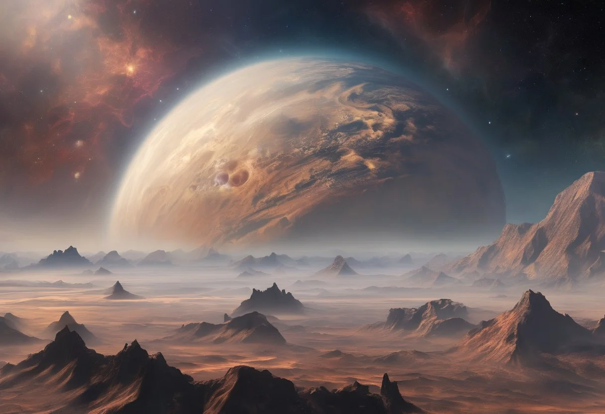 viev from space on an ancient planet shrouded in clouds, a dying star in the background
