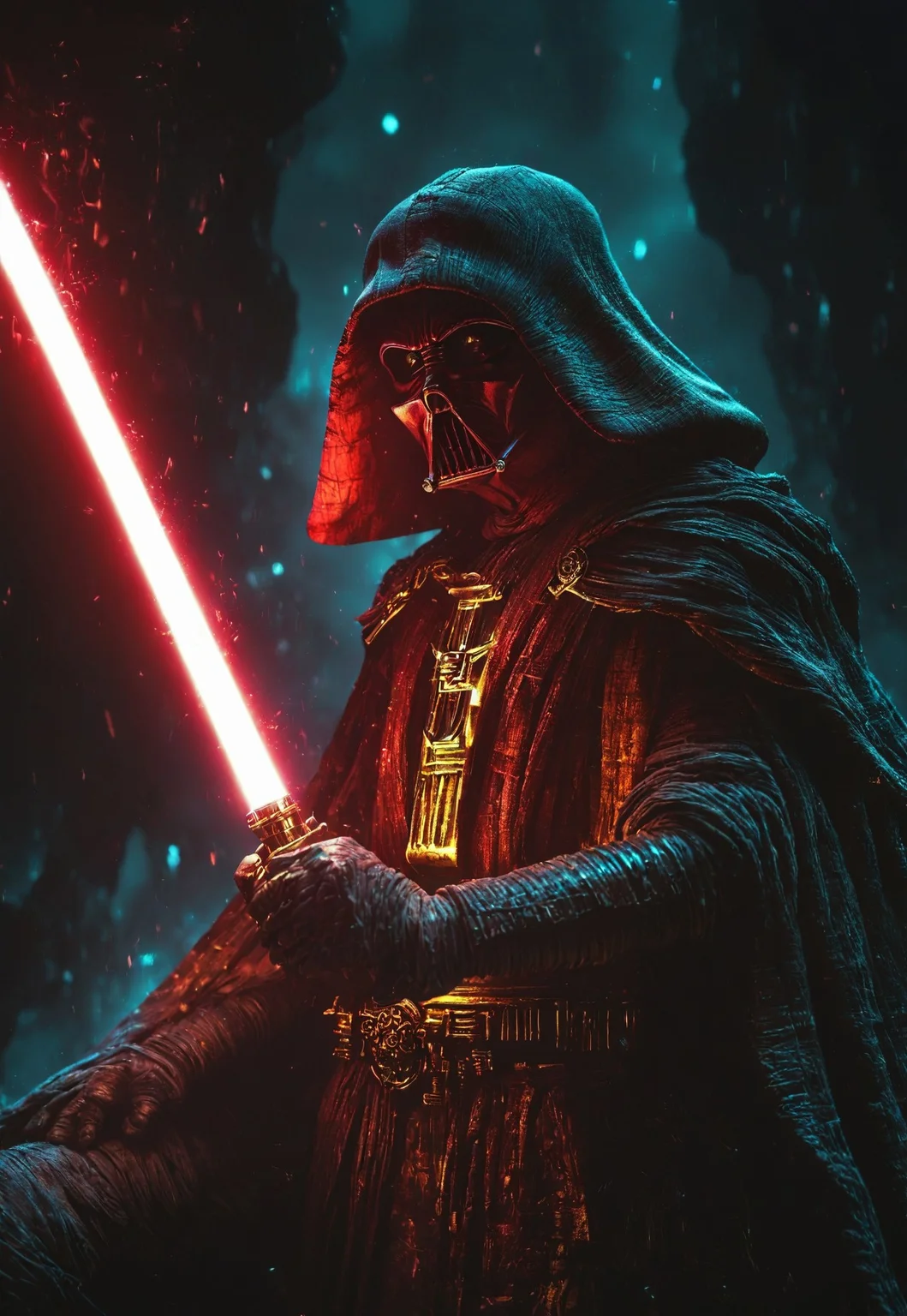 An Intense and Very Ancient Sith Lord in a extremely dark environment, barely illuminated only by his yellow lightsaber,, Grunge, Hyperrealism, Overhead Lighting, RGB Lighting, Sony A7R IV, Ultra Wide Angle Lens, Dark Colors, Gold, Liquid Crystal, Optical Fiber, Fantasy, Quasar Quilt Backdrop, Prism Effect, 8k, By Roy Lichtenstein, midjourneyv6.1, LegendDarkFantasy