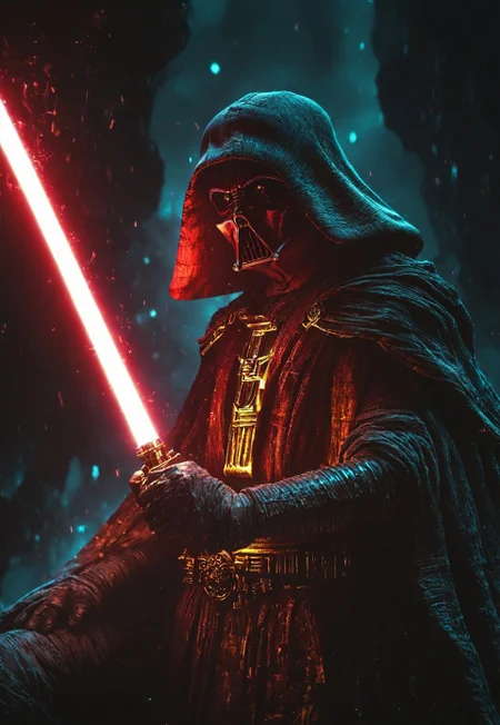 An Intense and Very Ancient Sith Lord in a extremely dark environment, barely illuminated only by his yellow lightsaber,, Grunge, Hyperrealism, Overhead Lighting, RGB Lighting, Sony A7R IV, Ultra Wide Angle Lens, Dark Colors, Gold, Liquid Crystal, Optical Fiber, Fantasy, Quasar Quilt Backdrop, Prism Effect, 8k, By Roy Lichtenstein, midjourneyv6.1, LegendDarkFantasy