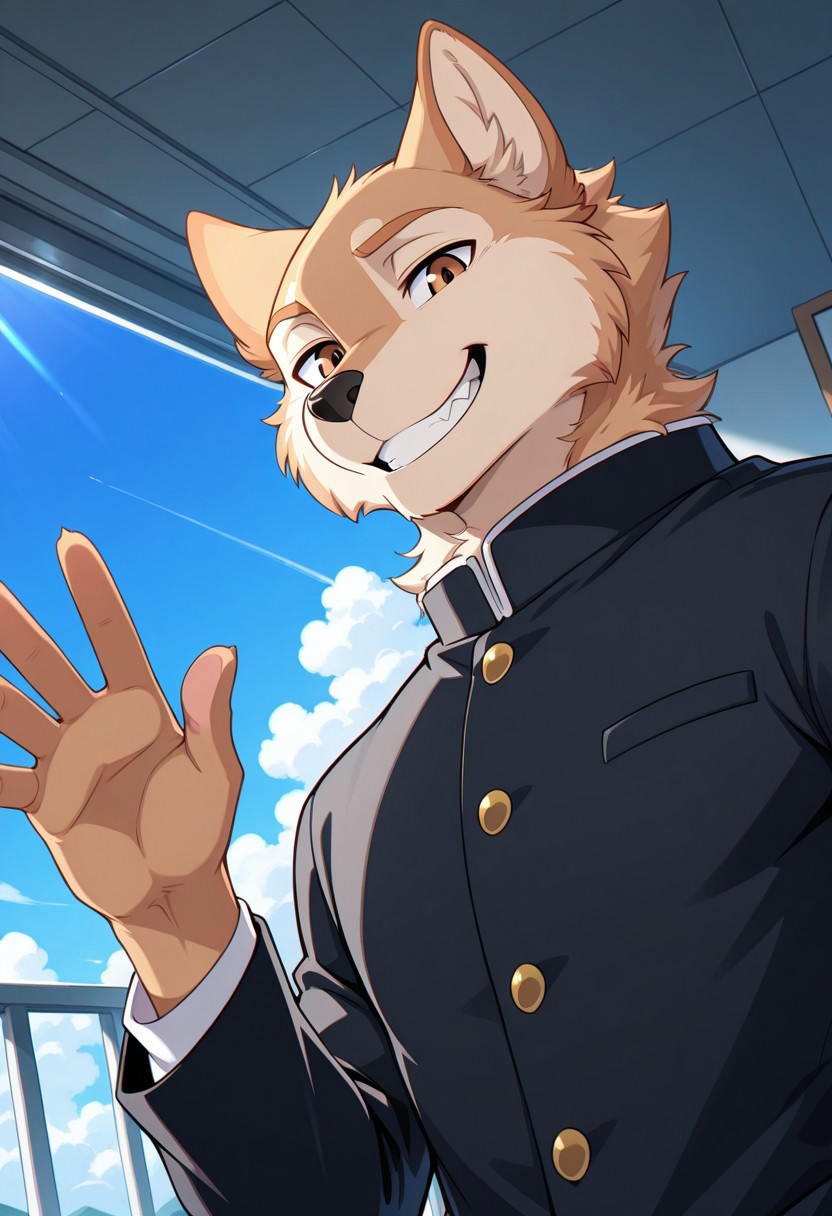 <lora:YuuichiV5:0.8>, solo, yuuichi, male, long torso, brown eyes, gakuran, school uniform,  face focus, portrait, upper body, grin, waving, dynamic angle, blue sky, clouds, masterpiece, 4K, separate focus, best quality, amazing quality, very aesthetic, high resolution, chromatic aberration, dynamic lighting, extremely-detailed, depth of field, newest, scenery, detailed fur, detailed muscles, furry