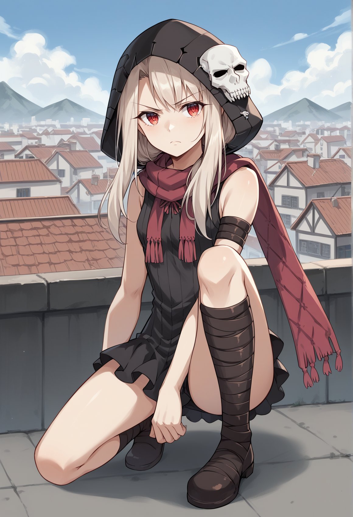 1girl, white hair, red eyes, long hair, hood, hood up, skull, scarf, short dress, black dress, sleeveless, arm wrap, armlet, leg wrap, on rooftop, on one knee, holding kunai, serious   <lora:Illya_pony_v2:1>, score_9, score_8_up, score_7_up, score_6_up, score_5_up, score_4_up, BREAK source_anime, masterpiece