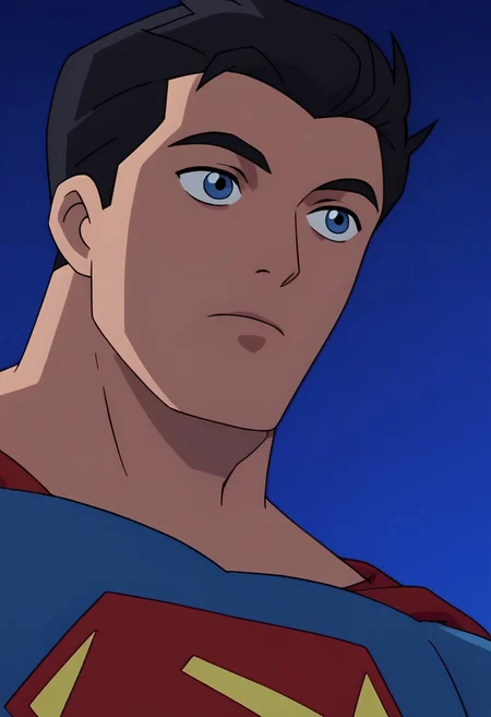 score_9_up, score_8_up, score_7_up, source_anime, anime screencap, portrait, close up of adult Superman,1man,solo,male focus, black hair, short hair, blue eyes, superman, flat color, outdoors, night, blue_background, 1990s_\(style\), closed_mouth, silhouette, dark