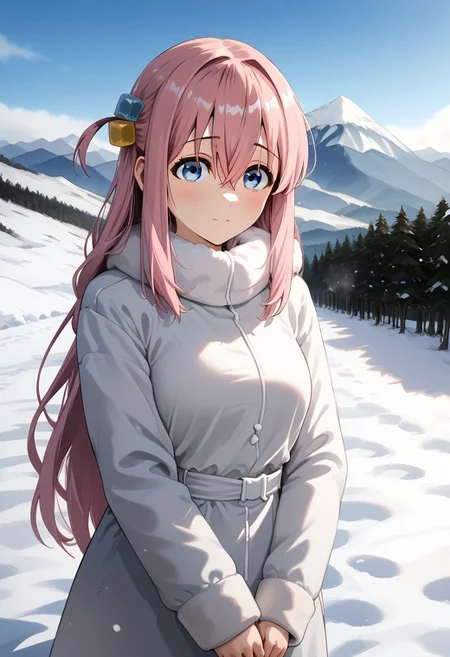 pink hair, long hair, hair between eyes, blue eyes, cube hair ornaments, gotoh hitori, near a snowy area, snow time, snow, wearing snow dress, mountains, hiking