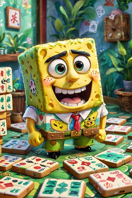 Spongebob wears Mahjong skin, Spongebob Squarepants wears Mahjong skin, <lora:add-detail-xl:0.36>, watercolor, 8k, <lora:EldritchImpressionismXL1.5:0.8>, <lora:Cute_3D_Cartoon:1>, <lora:animeoutlineV4_16:-1>, Designed by Bage