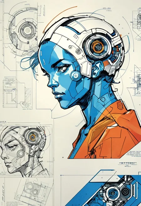 4i4rt-4X.SMM. RANDOMLY RANDOMIZED ROBOT HEAD. MULTI VIEW. POSE REDEFINED. INKED INCARNATION of ELEGANT ALLURING SKETCHING + INK COLORS LAYERING. ARTful AVANT-GARDE. INCOMPLETE.  ELUSIVE. VINTAGE. MASTERPIECE. CLASSY (WOW-FACTOR:1.4). (technical drawing:1.4), technical drawing, schematic,
