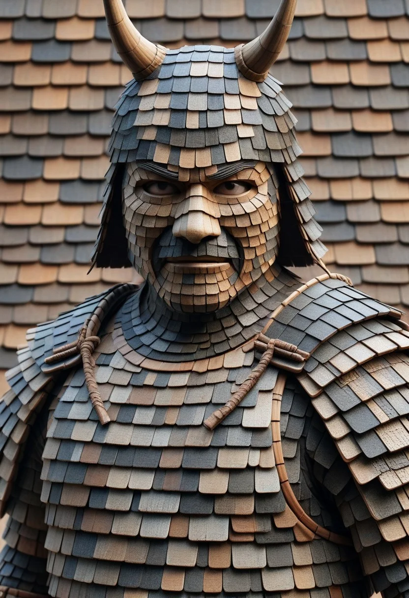detailed, realistic, 8k uhd, high quality, masterpiece, mad-shingles, samurai, samurai armor made of shingles, mask, basic background