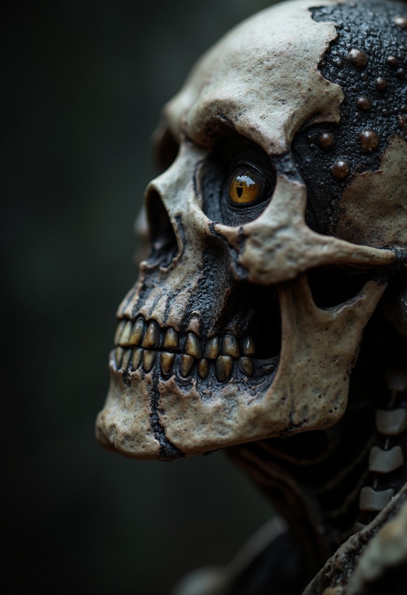photorealistic extreme close-up of a demons eye, skull, high detail, shallow depth of field, aidmaHyperrealism