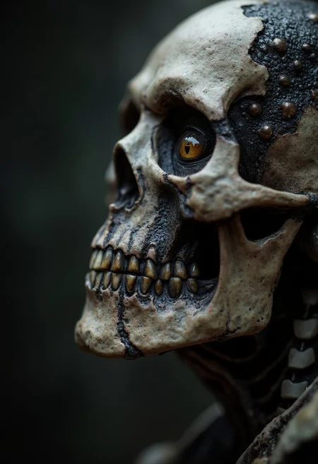 photorealistic extreme close-up of a demons eye, skull, high detail, shallow depth of field, aidmaHyperrealism