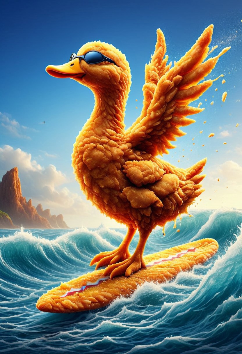 A bright yellow duck made of deep fried & crispy breading, Deep-Fried & Crispy Style. detail, wearing oversized mirrored sunglasses and a tropical flower necklace, balances expertly on a surfboard, cutting through the crest of an enormous wave. The water is a swirling mix of blues and greens, foamy spray frozen in time as it arcs around the ducks made of deep fried & crispy breading, Deep-Fried & Crispy Style. detail outstretched wings. A small crowd of bewildered seagulls watches mid-flight, their heads tilted in disbelief. The horizon stretches endlessly in the background, where the setting sun casts a golden glow across the oceans surface made of deep fried & crispy breading, Deep-Fried & Crispy Style. detail