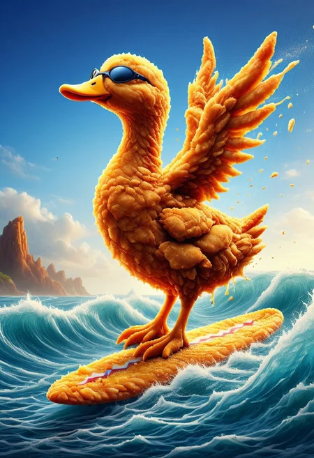A bright yellow duck made of deep fried & crispy breading, Deep-Fried & Crispy Style. detail, wearing oversized mirrored sunglasses and a tropical flower necklace, balances expertly on a surfboard, cutting through the crest of an enormous wave. The water is a swirling mix of blues and greens, foamy spray frozen in time as it arcs around the ducks made of deep fried & crispy breading, Deep-Fried & Crispy Style. detail outstretched wings. A small crowd of bewildered seagulls watches mid-flight, their heads tilted in disbelief. The horizon stretches endlessly in the background, where the setting sun casts a golden glow across the oceans surface made of deep fried & crispy breading, Deep-Fried & Crispy Style. detail